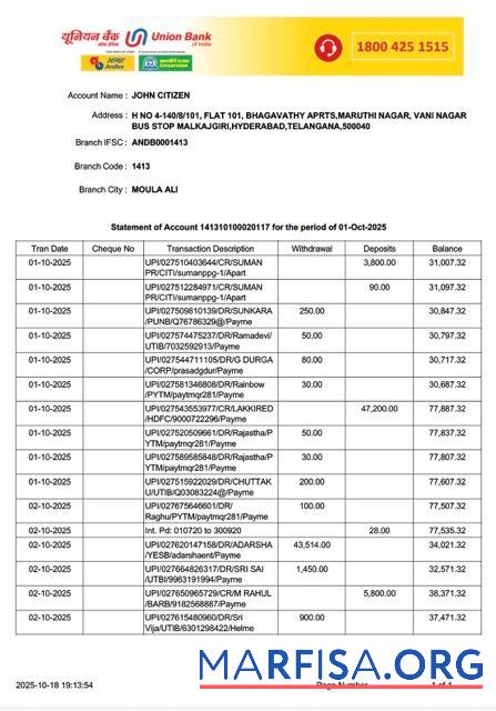 Realistic India Union Bank of India statement of account word download for verification